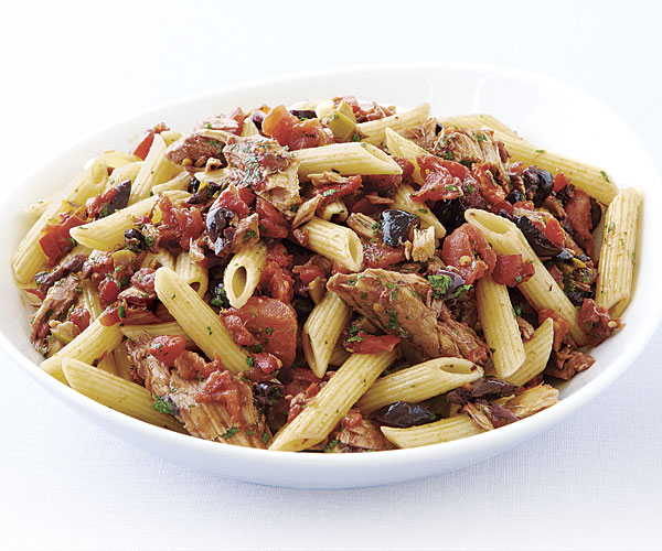 Penne Rigate with Olives Roasted Peppers and Tuna