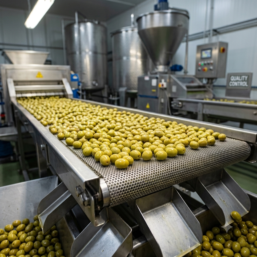 Whole green olives being selected